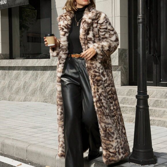 Khaki Casual Women's Leopard Print Faux Fur Coat - Picture 5 of 7